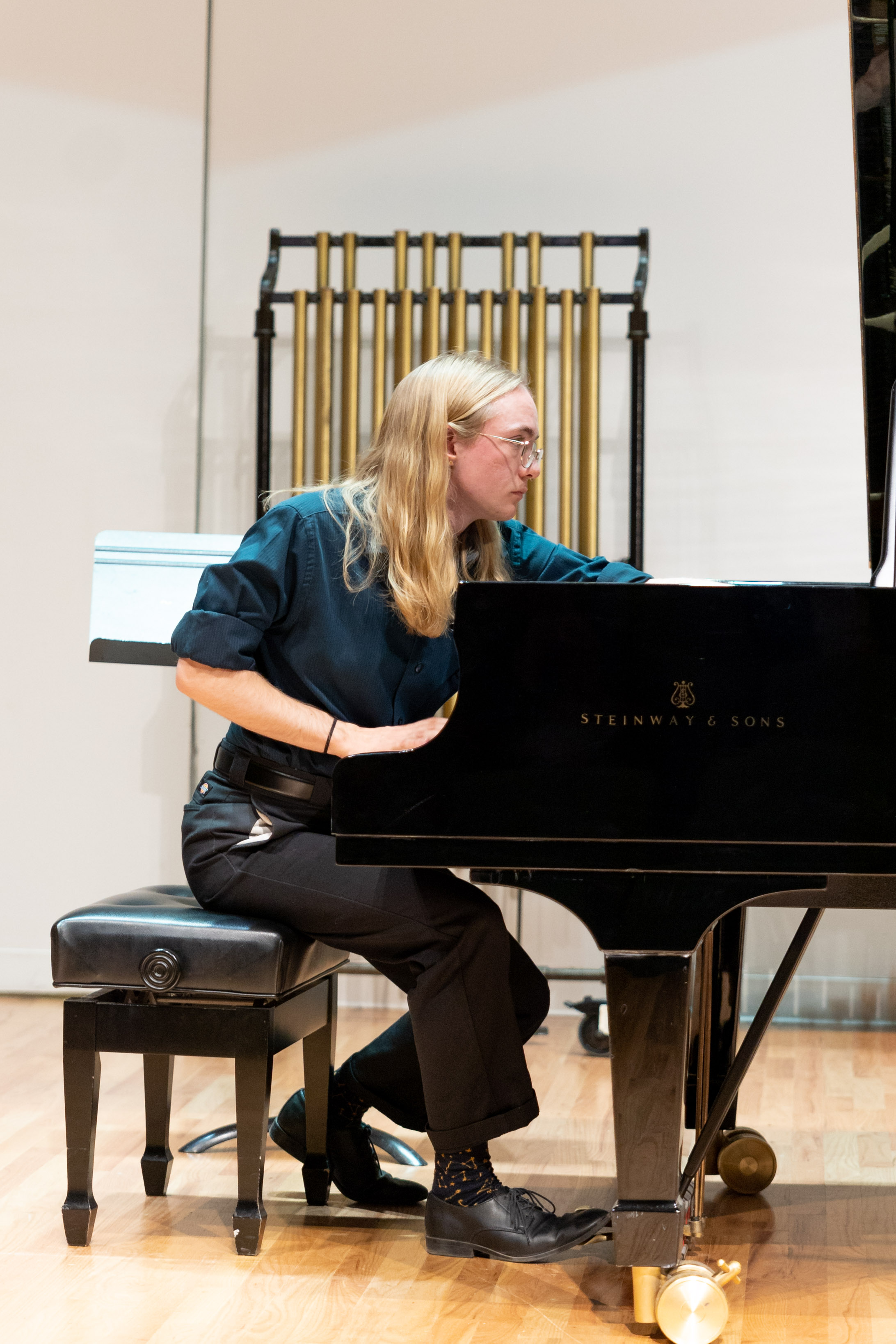 Emmett Tucker '24 performs selections from George Crumb's Makrokosmos, Volume I during "The Crumb Legacy" event on Thursday, Oct. 13, in Packard Hall. Photo by Chidera Ikpeamarom '22