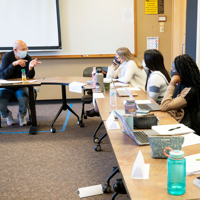 William Cross, African American psychologist and racial identity scholar, interacted with the students and the professor for a story embodying how CC&amp;#8217;s commitment to antiracism is showing up in the classroom. Photo by Lonnie Timmons III