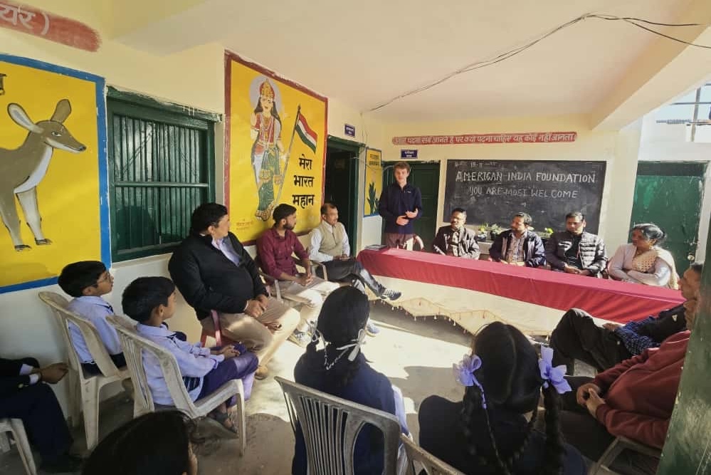Ben Murphy ’24 speaking to students at Inter College Pokhri Ajmir, a rural school in the Himalayan foothills, in November 2025, during his work with SAHELI. Photo provided by Murphy.