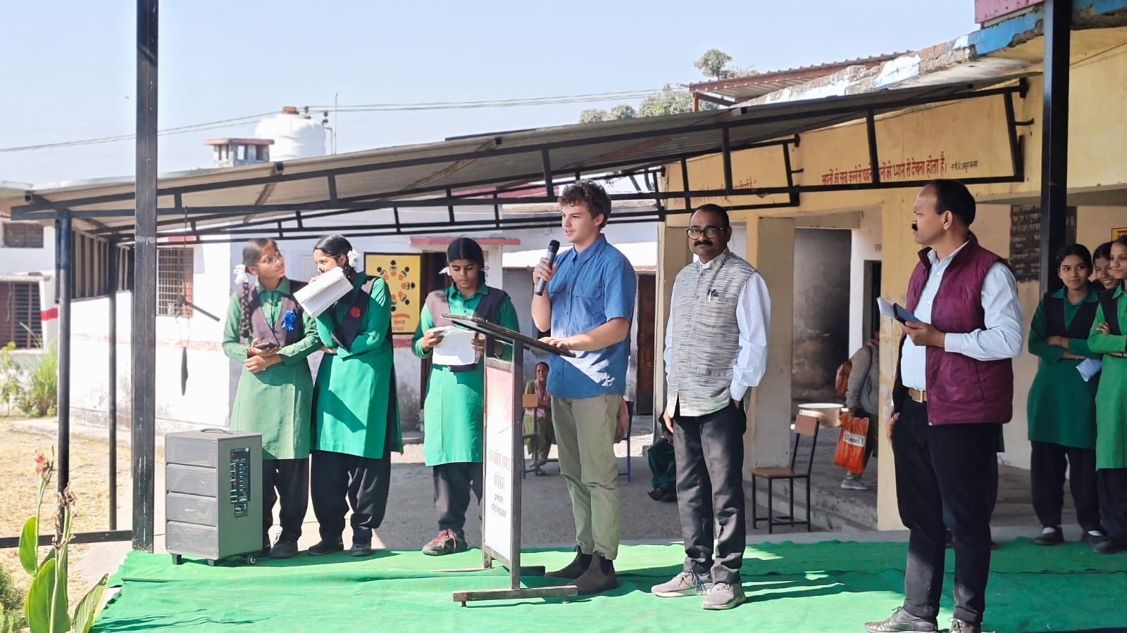 As part of his work with SAHELI, Ben Murphy ’24 gave a speech on Children’s Day at GIC Jhandichaur in November 2025. Photo provided by Murphy.