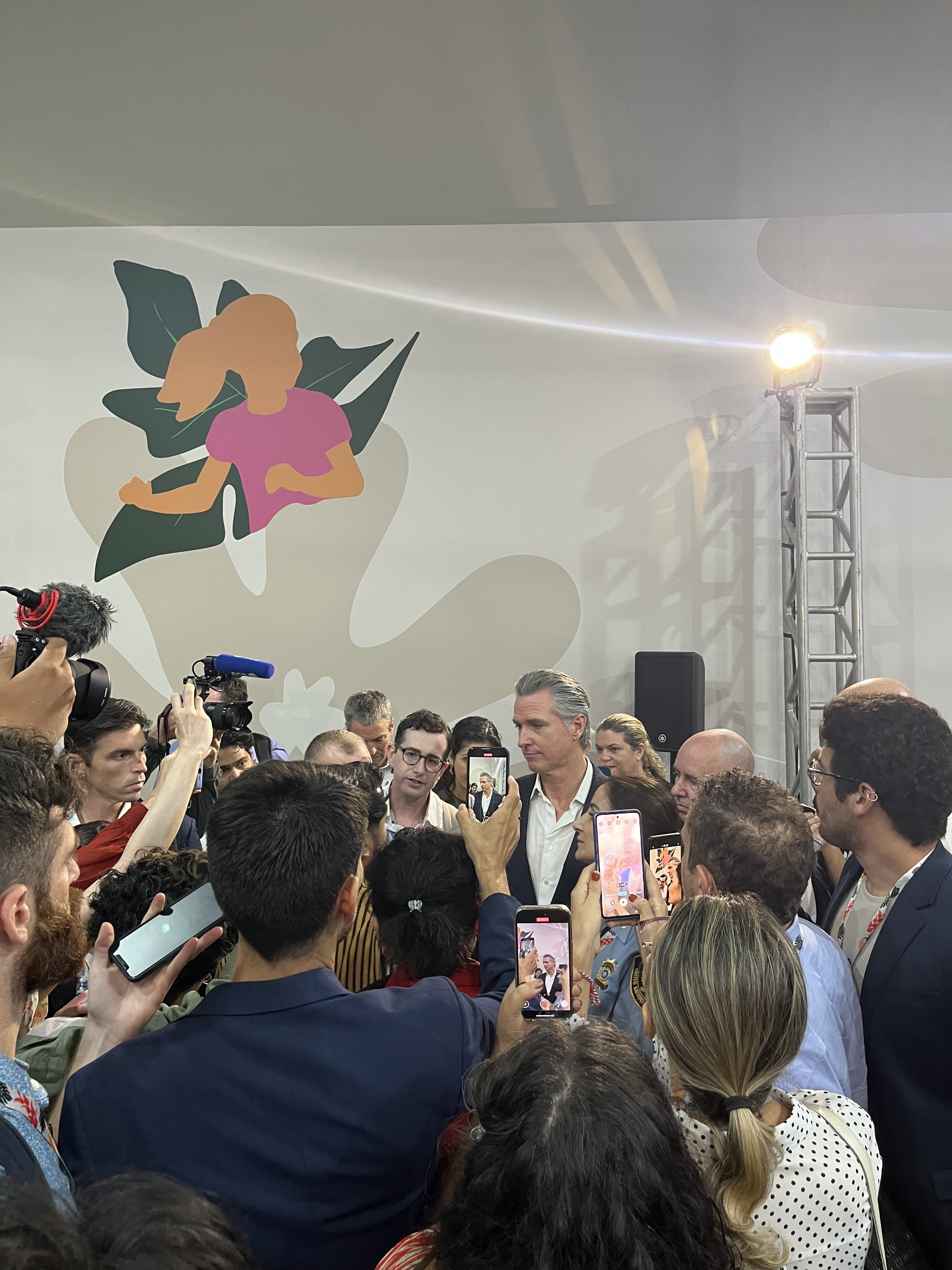 California Governor Gavin Newsom after a subnational leader press conference at COP30. Noah Furuseth ’26 says Newsom was always swarmed by media during the conference and he spoke loudly about his stance against the United States' absence in the UNFCCC and Paris Climate Agreement. Photo provided by Furuseth
