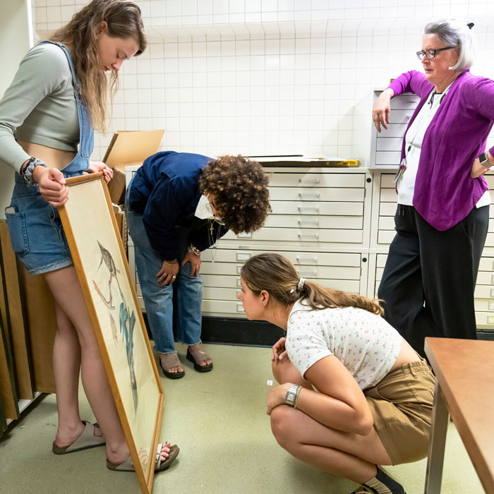 Rebecca Tucker, professor of art and facilitator of the Art Loan program, meets with Ava Cunningham &amp;#8217;23, Vivienne Diggs &amp;#8217;24, and Adrianna Gautreaux &amp;#8217;23 on Monday, Sep. 12, 2022. The Art Loan program will loan out art from CC's collection to students, faculty, and staff. Photo by Lonnie Timmons III / Colorado College.