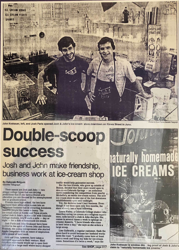 John Krakauer ’85 and Josh Paris celebrate the opening of their first location on Kiowa St. in 1986. Newspaper clipping from The Gazette (formerly known as the Colorado Springs Gazette-Telegraph) provided by Krakauer.