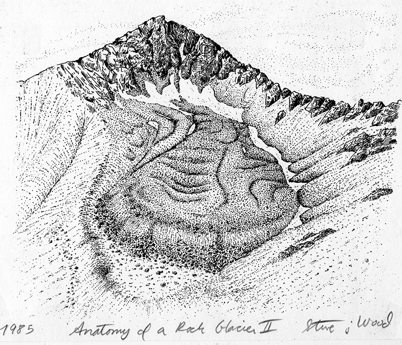 A geological illustration of the Spruce Creek rock glacier sketched by Steve Wood '84, who worked with the original group of students at the rock glacier and is now a prominent Colorado Springs artist. Image by Steve Wood.