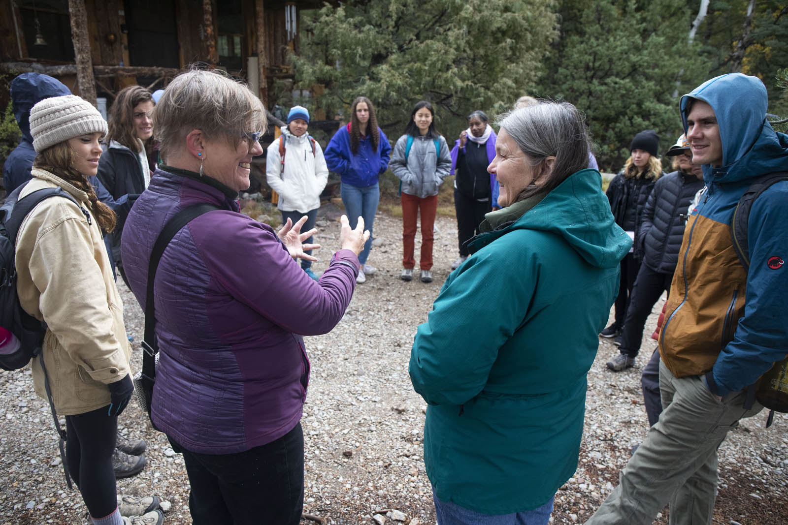 During a reflection exercise with students at Way of Nature/Sacred Passage, Professor Sarah Hautzinger makes a point about connections between local watersheds with guide Sandy Skibinski.