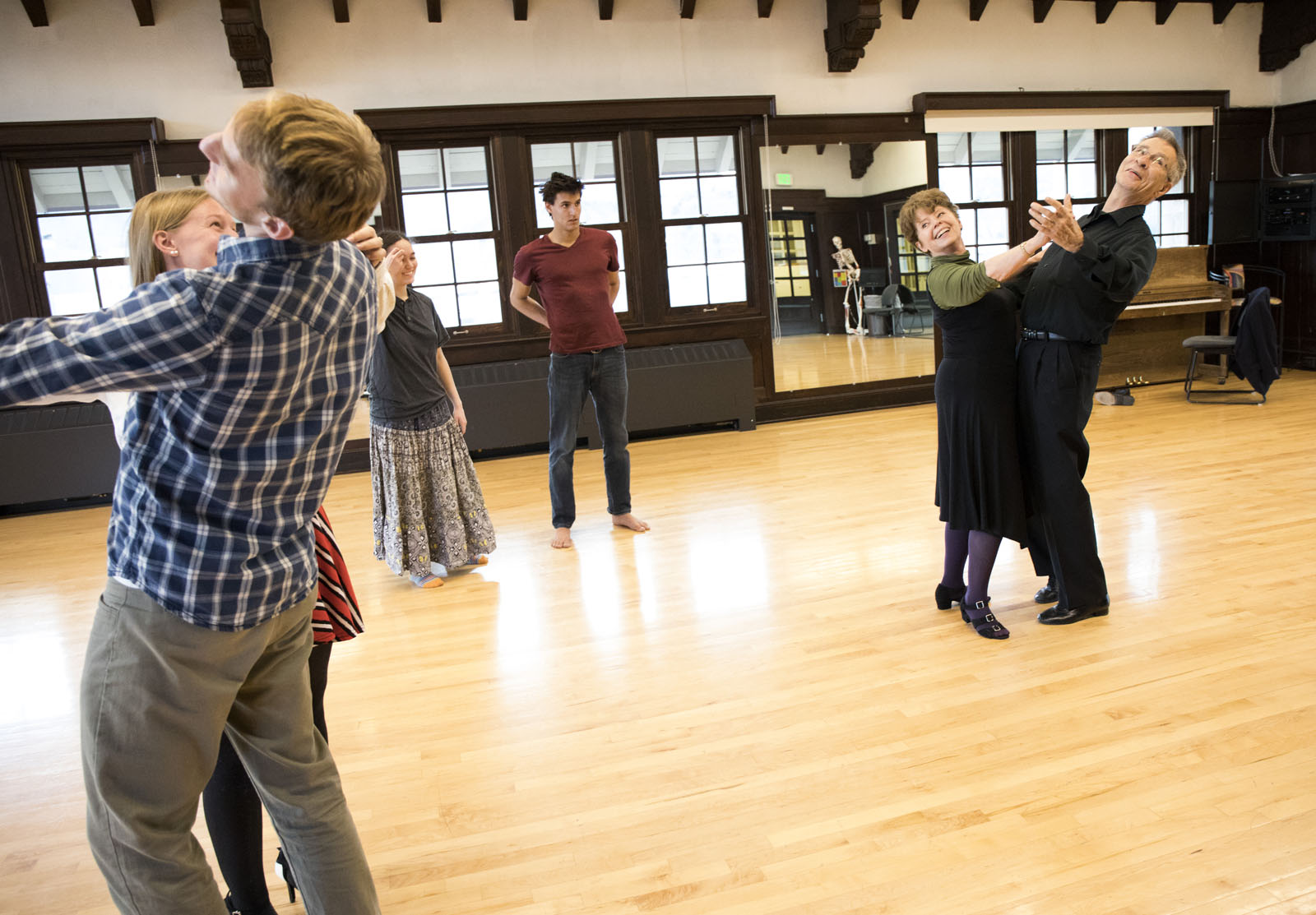 Marcia Dobson and John Riker teach a ballroom dancing class in Cossitt Hall that is open to students and staff alike. The class focuses on dance techniques for various dance styles.