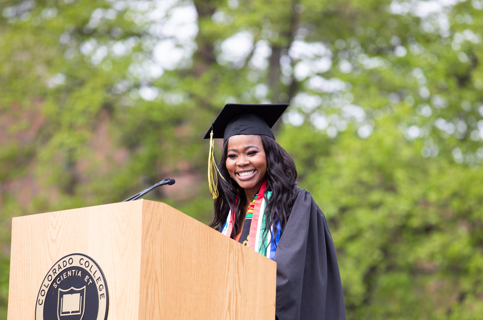 <strong>Palesa Mokoena ’19</strong> introduced commencement speaker Oprah Winfrey and discussed her personal experience with Winfrey's generosity.