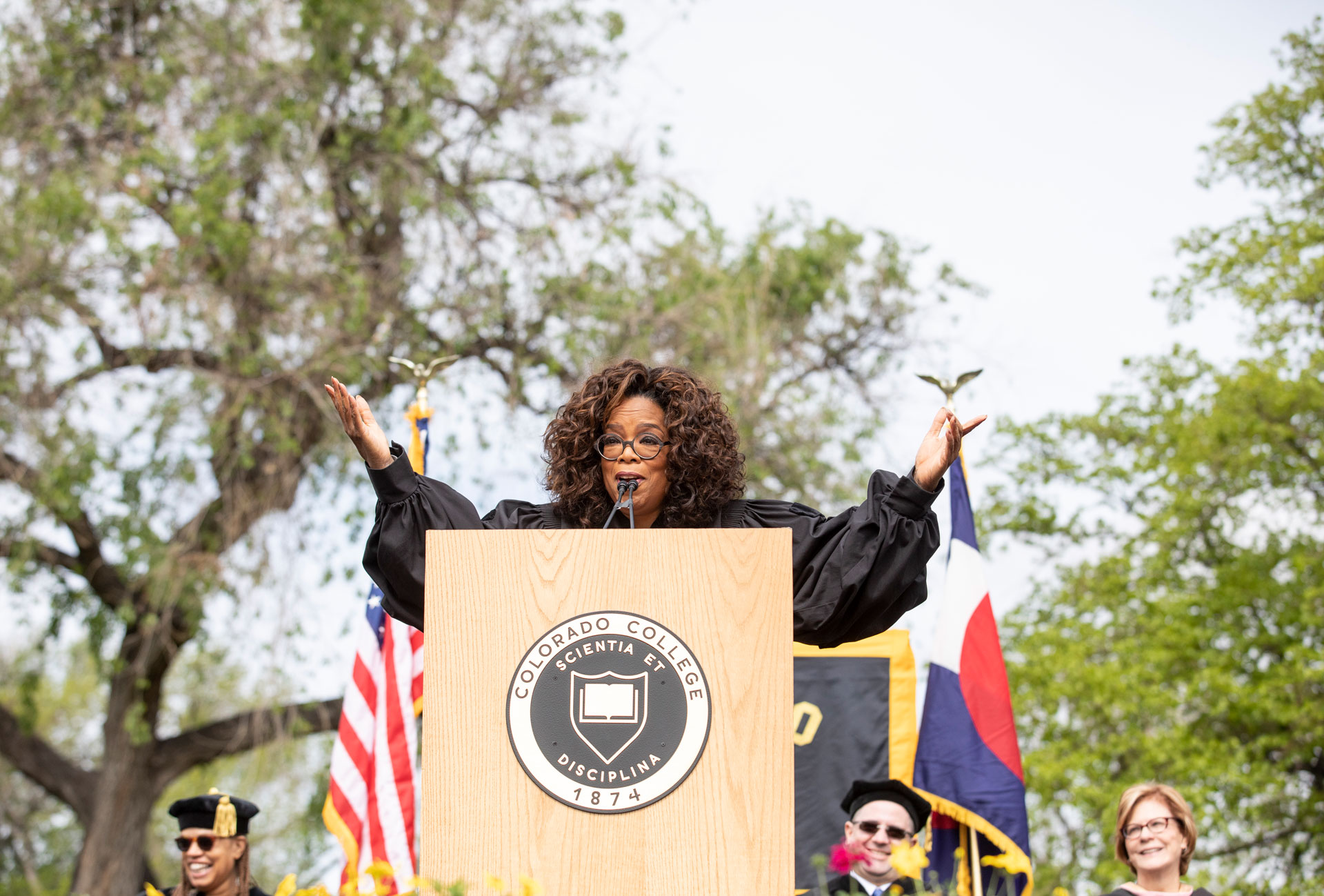 Oprah Winfrey, the 2019 commencement speaker, repeats her mantra "Everything is always working out for me" during her speech and before handing out her latest book "The Path Made Clear" to each student. Winfrey was also an honorary degree recipient.
