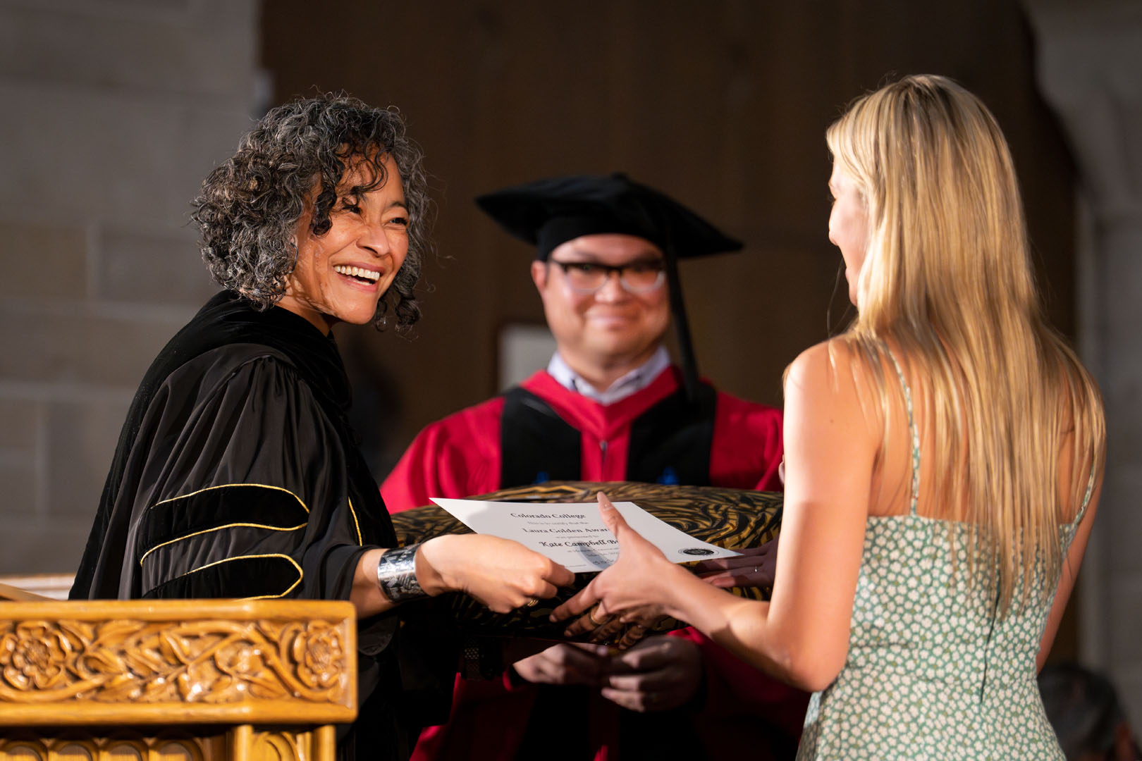 President Richardson presents Kate Campbell Brush '23 with the Laura Golden Award as Colorado College honors outstanding students and faculty during its annual academics Honors Convocation on May 16, 2023. Photo by Lonnie Timmons III / Colorado College.