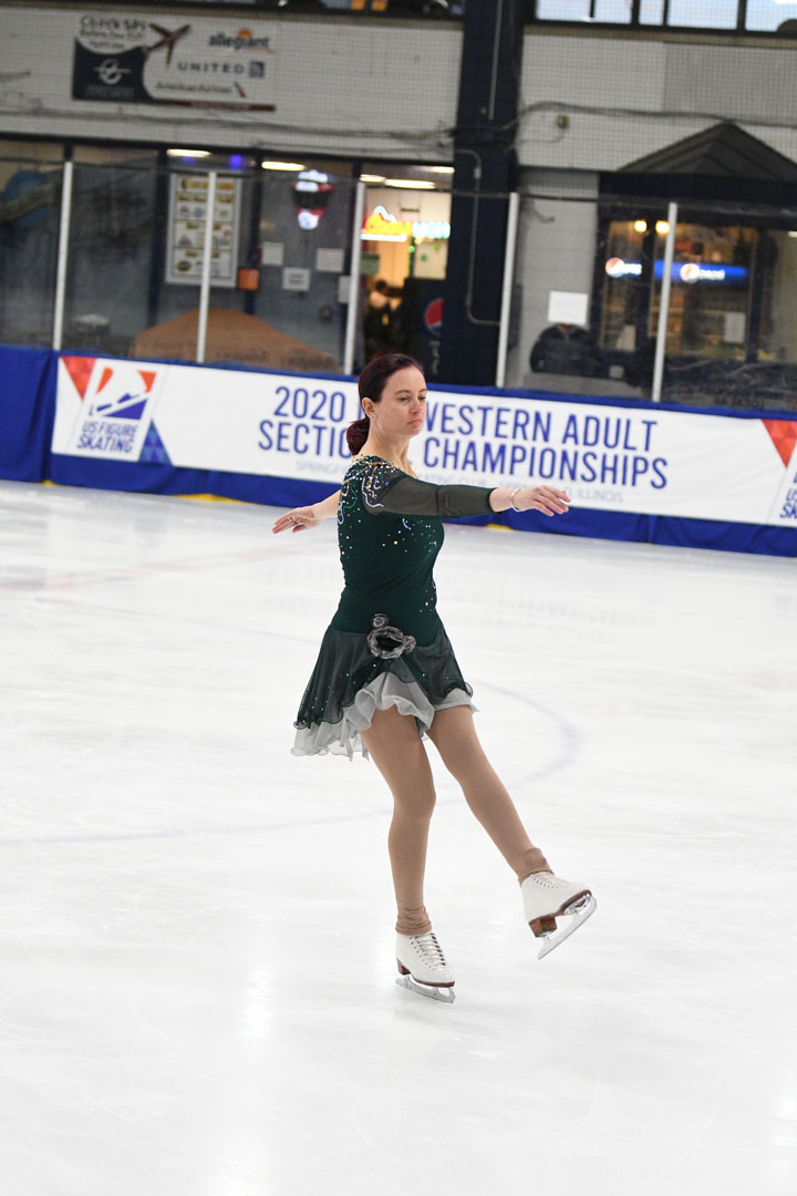 Krista Fish '97 performing at the 2020 Midwestern Adult Sectional Championships in March 2020. Photo by Kevin R. Phelan/U.S. Figure Skating and submitted by Fish.