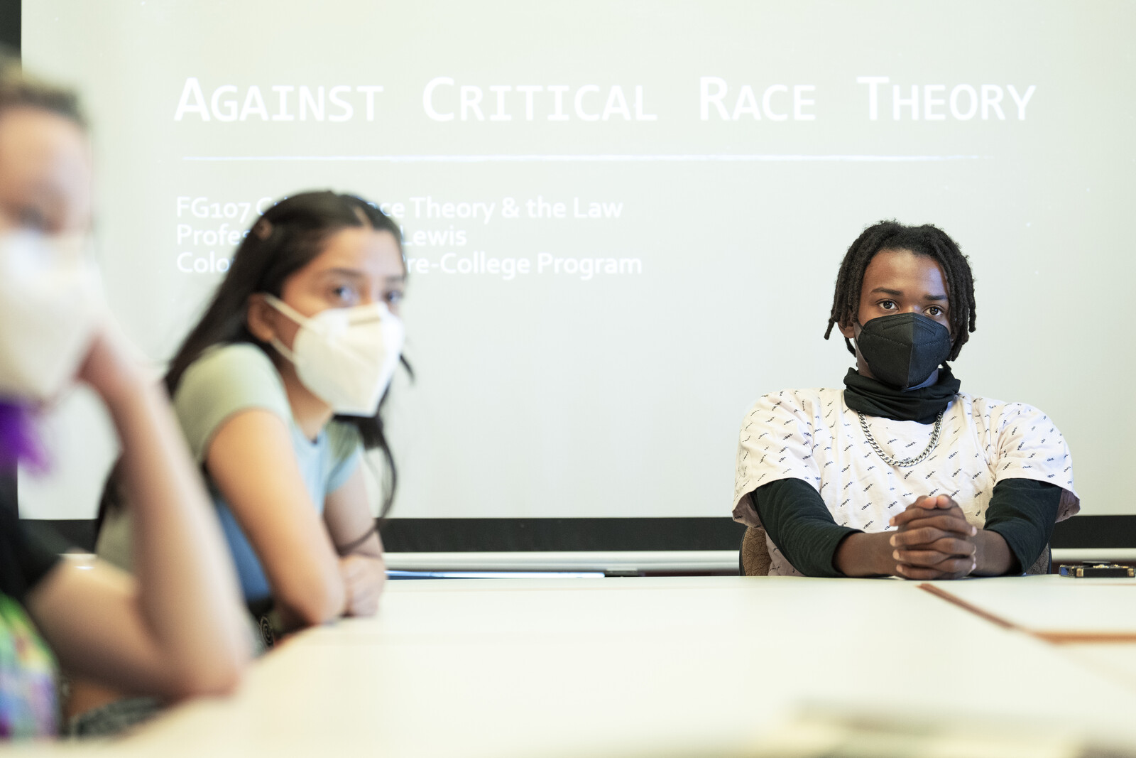 Clockwise from left: Katana “Kat” Shrader (she/her(s)/they/them); Mireya Lima Vasquez (she/her(s)); and Antonio “Junior” Lewis, Jr. (he/him) during Heidi Lewis’s Pre-College course FG 107: Critical Race Theory and the Law class on Wednesday, 7/27/22. Photo by Lonnie Timmons III / Colorado College.