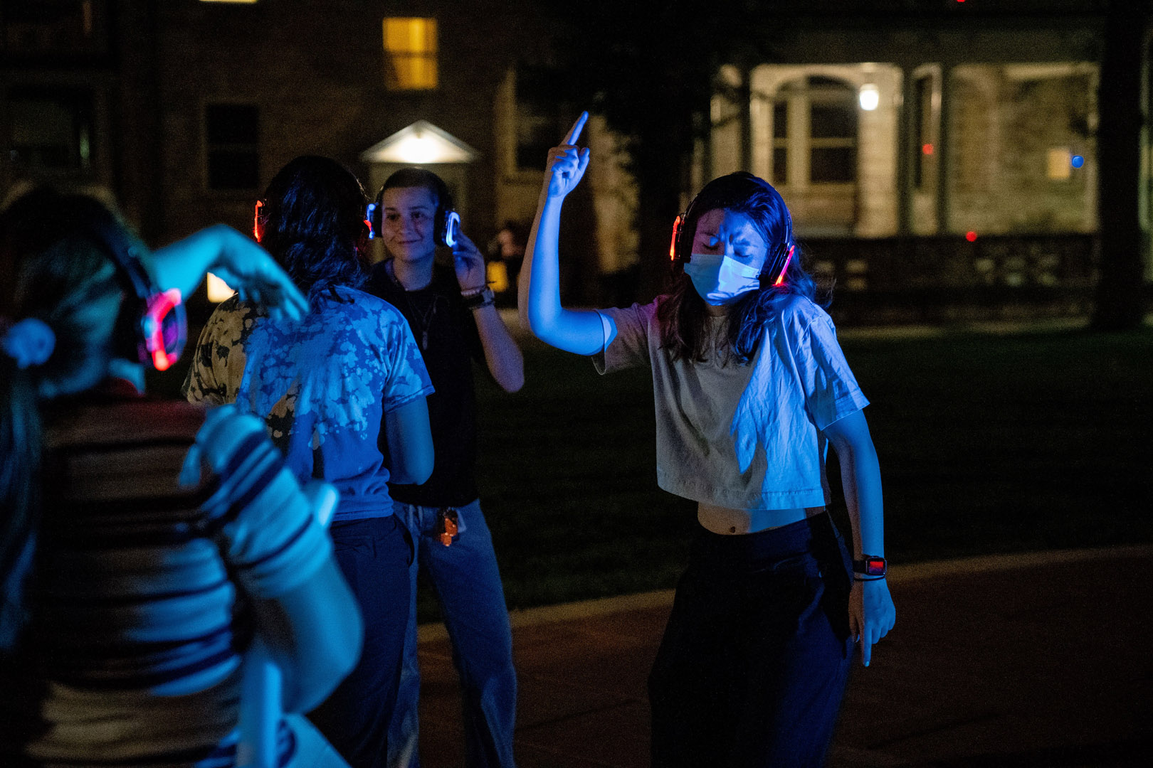 New students participate in a silent disco at the Hybl Community Center.  Photo by Gray Warrior