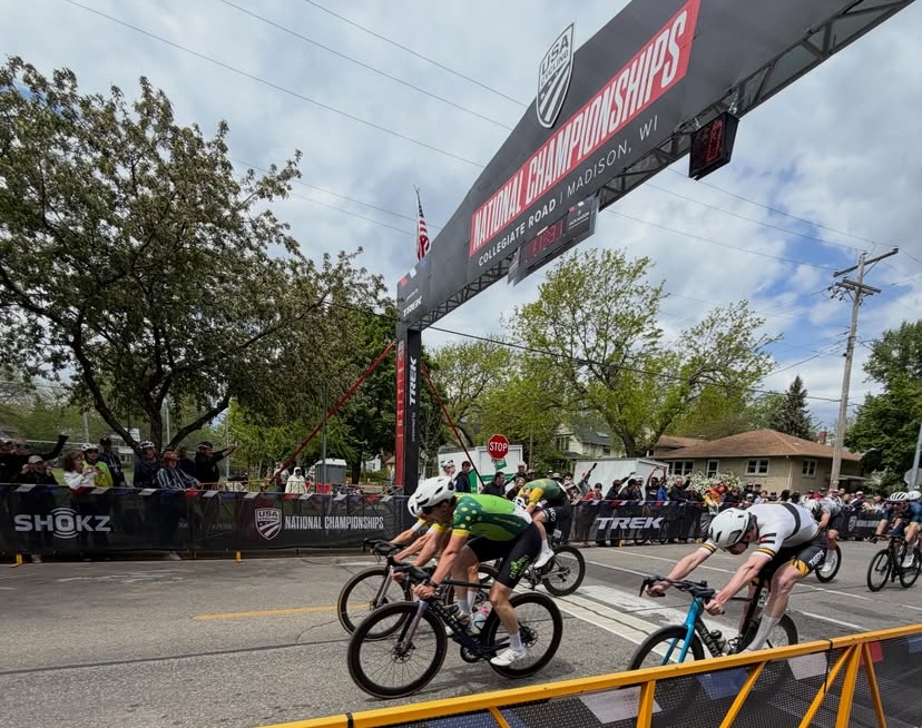 Will Myers ’26 finishes third in the Men’s Club Criterium division at the 2026 USA Collegiate Road Cycling Championships in Madison, WI, in May 2026. Photo provided by Myers.