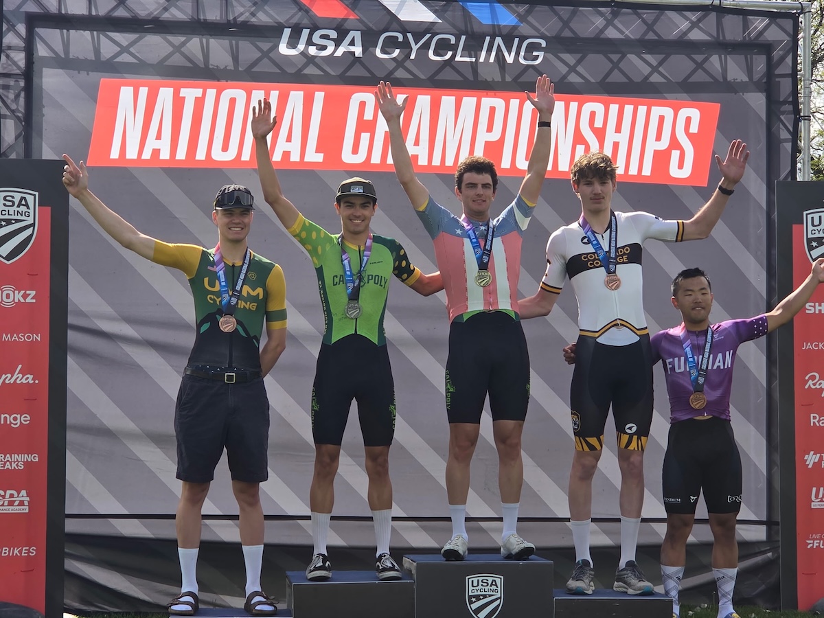 Will Myers ’26 on the podium (right of center) after placing third in the Men’s Club Criterium division at the 2026 USA Collegiate Road Cycling Championships in May 2026. Photo provided by Myers.