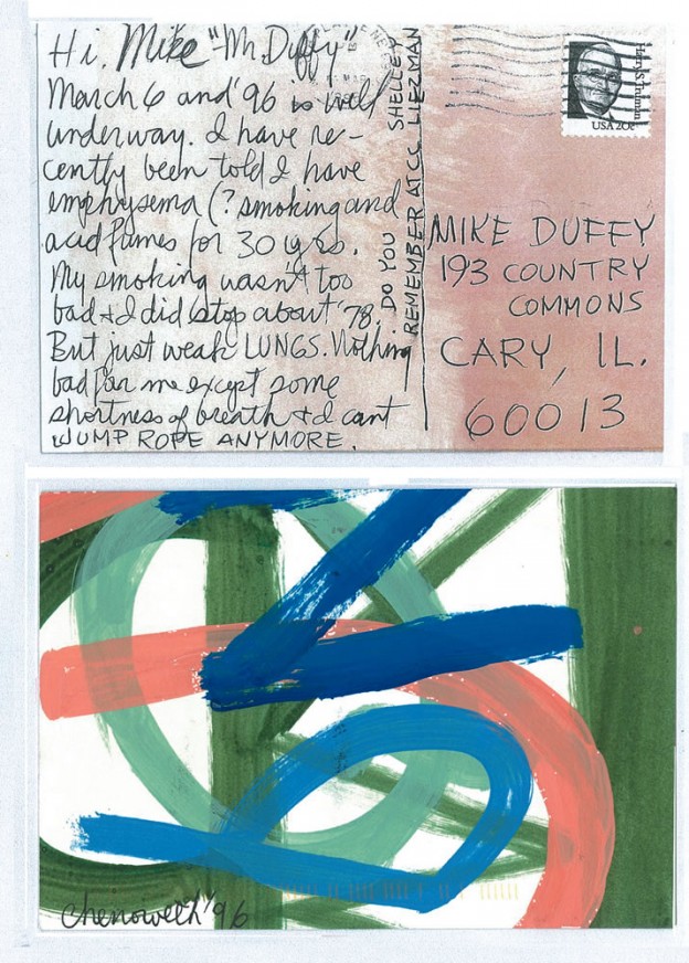 A postcard from former CC professor Mary Chenoweth to Mike Duffy, now part of CC’s Special Collections.
