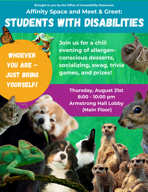 Poster for the affinity meet and greet featuring a wide variety of animals and the tag line 
