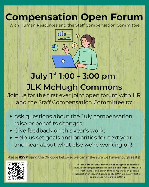 Flyer for the compensation open forum event. All details included in text below.