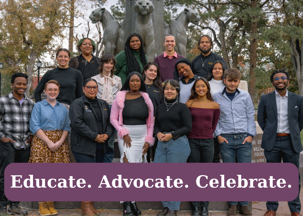 Butler Center staff and students stand in a group in front of the the Worner Quad flag pole. The image reads "educate, celebrate, advocate."