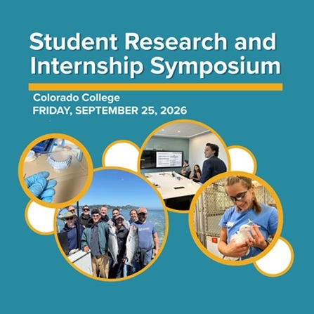 Cover of Symposium Program. 4 Images depicting student research and internships include a hand holding a mold of teeth, a small group of students watching a presentation, a group of fisherfolk presenting some large catch,  and someone with a rescued bird.
