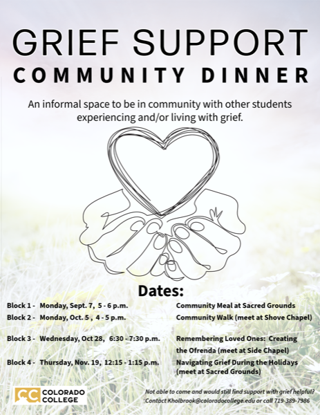 Grief Support for Students, Community Meal, Mon., Sept 7, 5 - 6 pm at Sacred Grounds
