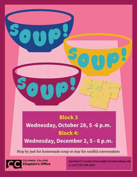 Soup, Soup, Soup! Wednesday, October 28th, 5 to 6 p.m. at Sacred Grounds