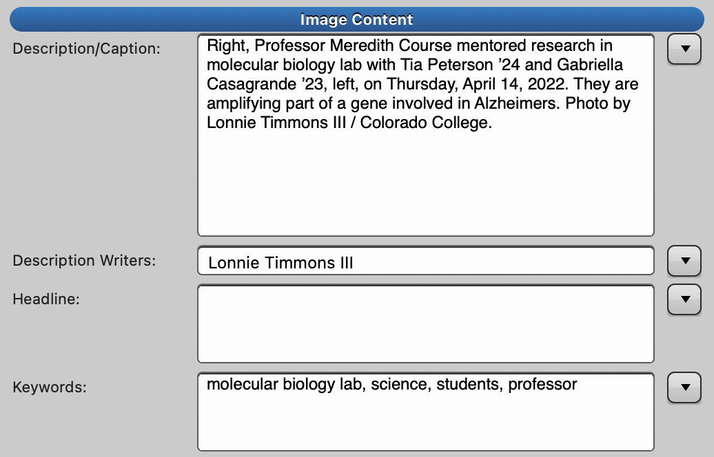 screenshot of metadata fields in Photo Mechanic