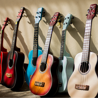 A row of colorful guitars