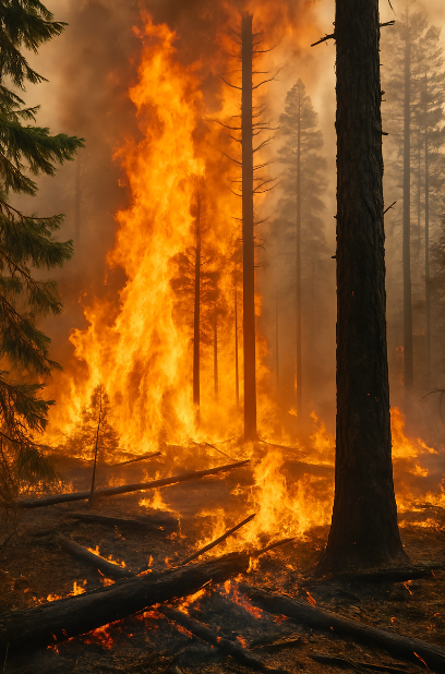 A wildfire in a forest.