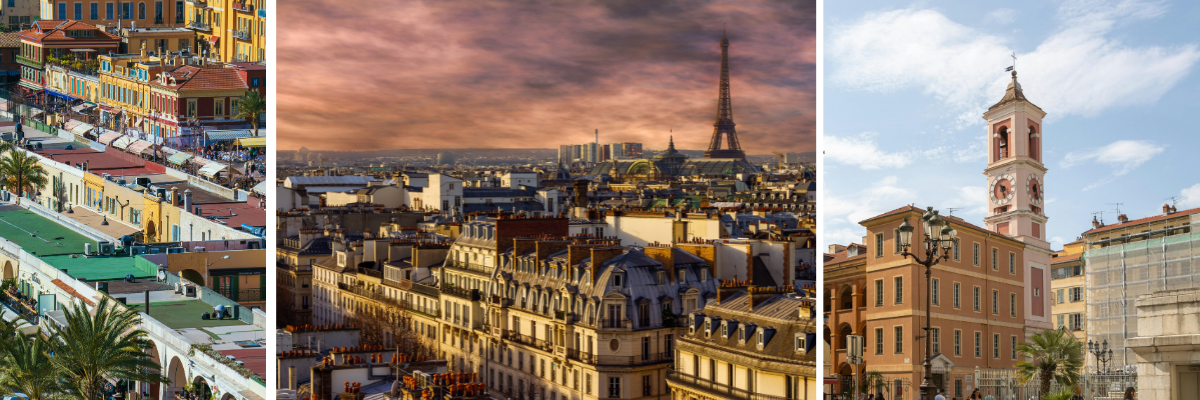 Images of Nice and Paris, France.