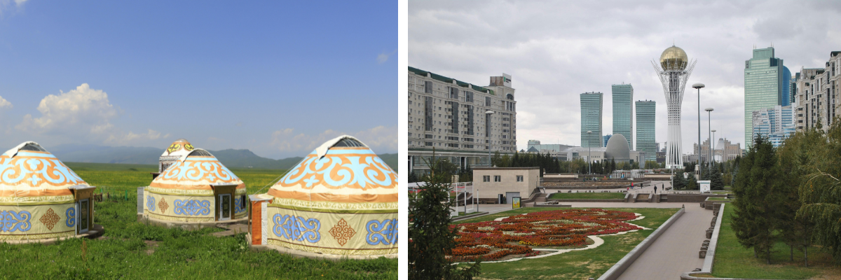 Two images: Rural Khygyzstan with yurts and Almaty city.in Kazakhstan