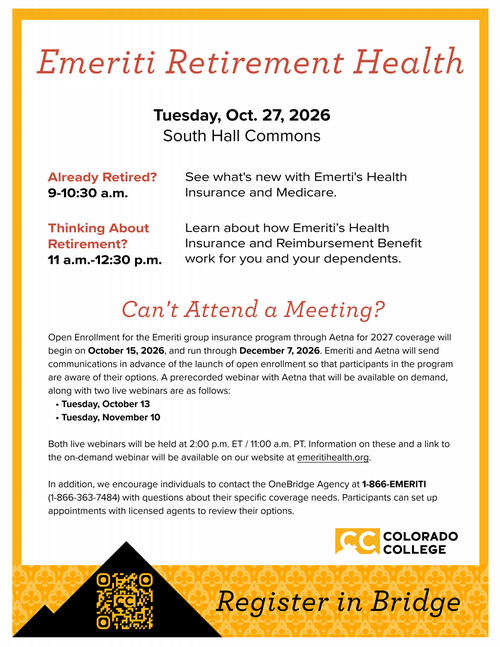 flyer promoting upcoming Emeriti retirement health informational sessions on October 27