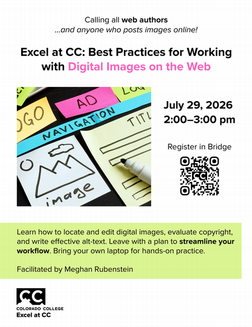 Flyer advertising for Excel at CC session on July 29th about best practices for digital images on the web.