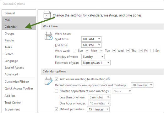 Outlook for PC options pane, calendar tab