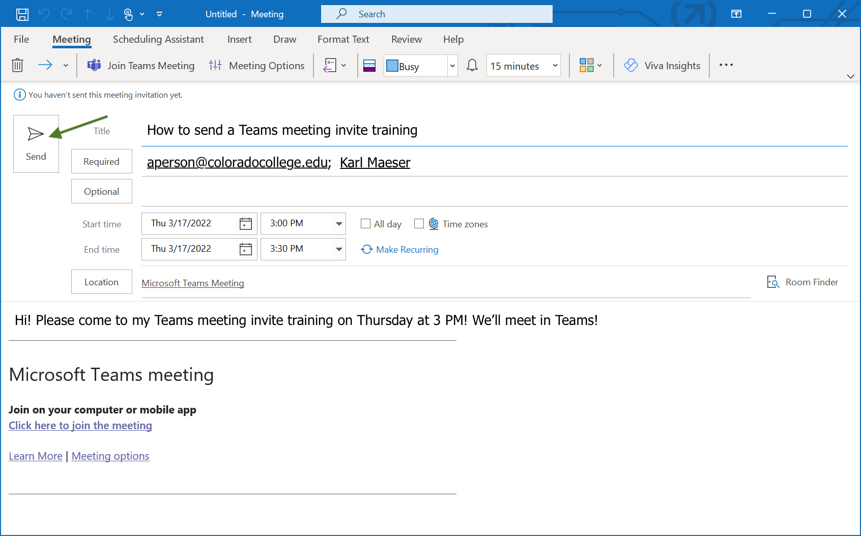 Where to hit Send in an Outlook meeting invite