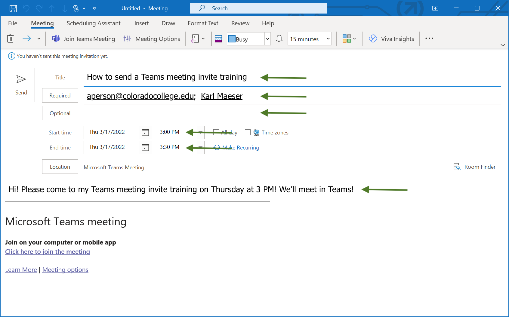 Arrows pointing at parts of a teams meeting invite in Outlook
