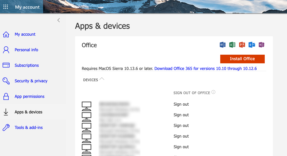 List of devices where office is licensed from my account