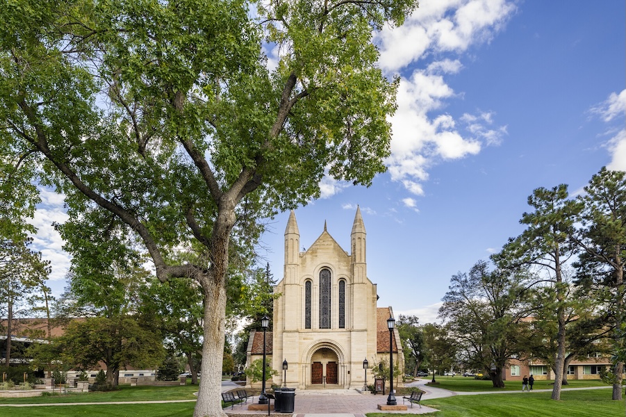 The front aspect of Shove chapel with a tree in the foreground 