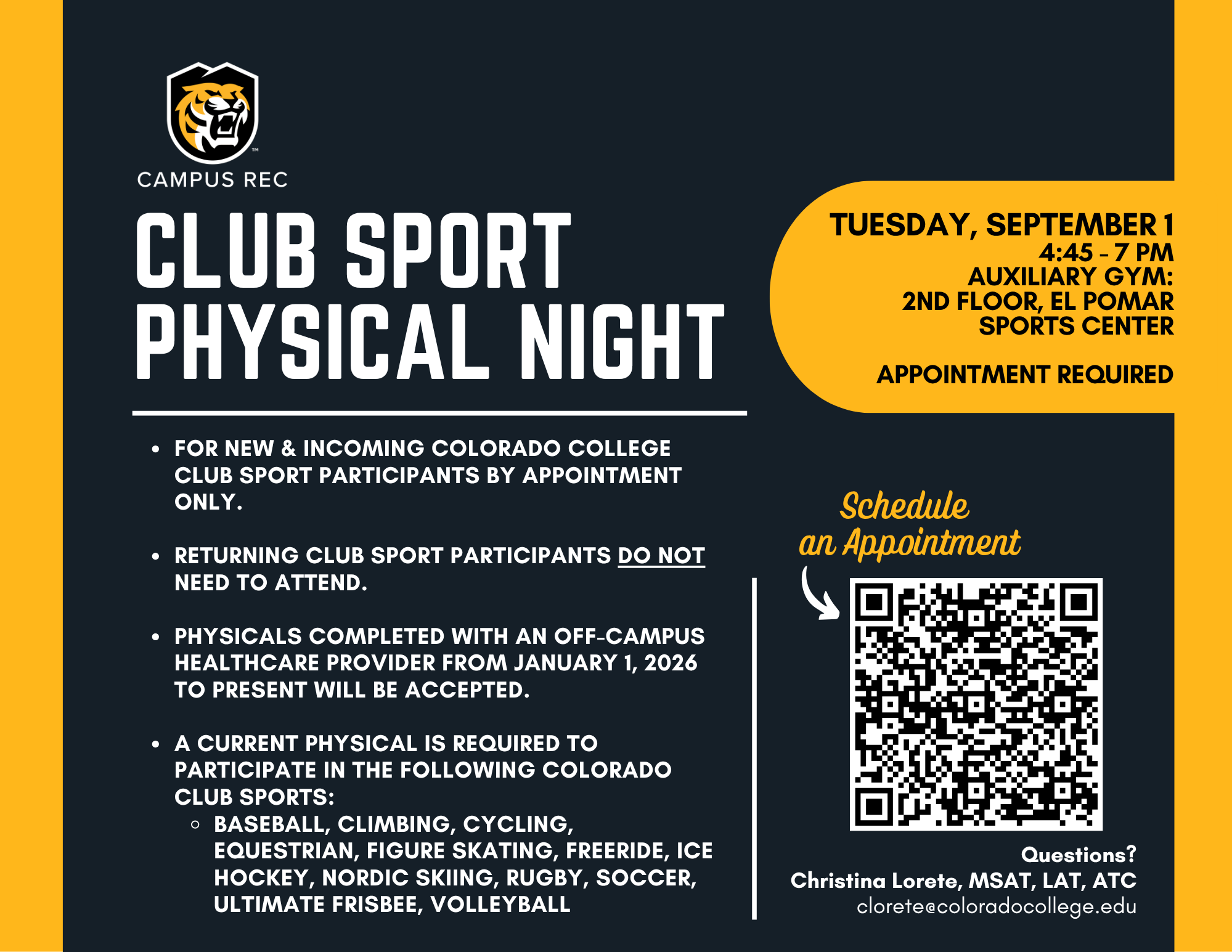 Flyer for Club Sport Physical Night happening on Tuesday, September 1 from 4:45-7PM in the Aux Gym: 2nd Floor, El Pomar Sports Center. Appointment required.