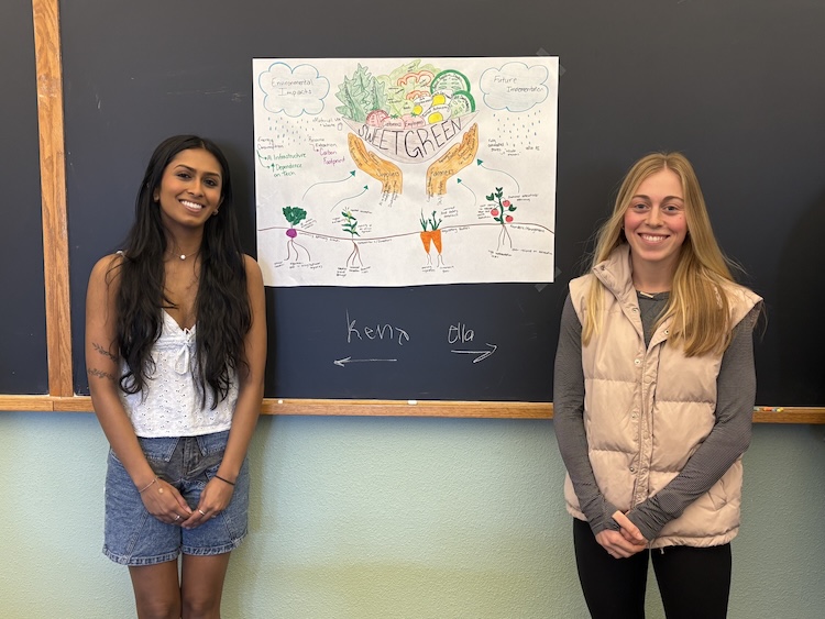 Kena Patel ’26 and Ella Pierce ’25 pose at the chalkboard next to a drawn poster analyzing Sweetgreen