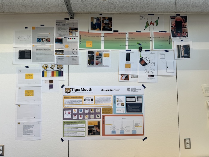 The TigerMouth pinup board with documentation tracking the development of the ChatBot