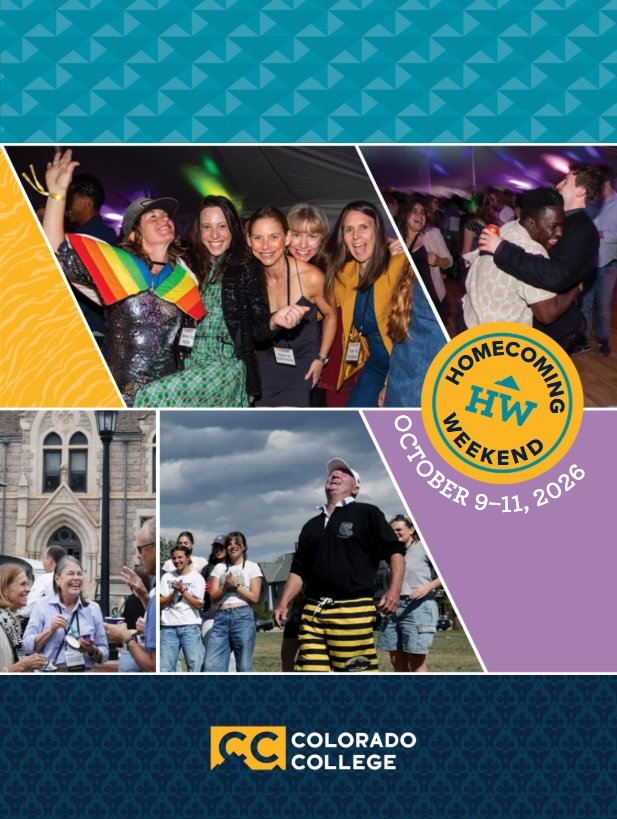 cover image for the 2026 homecoming guide showing several images of alumni dancing and mingling outside