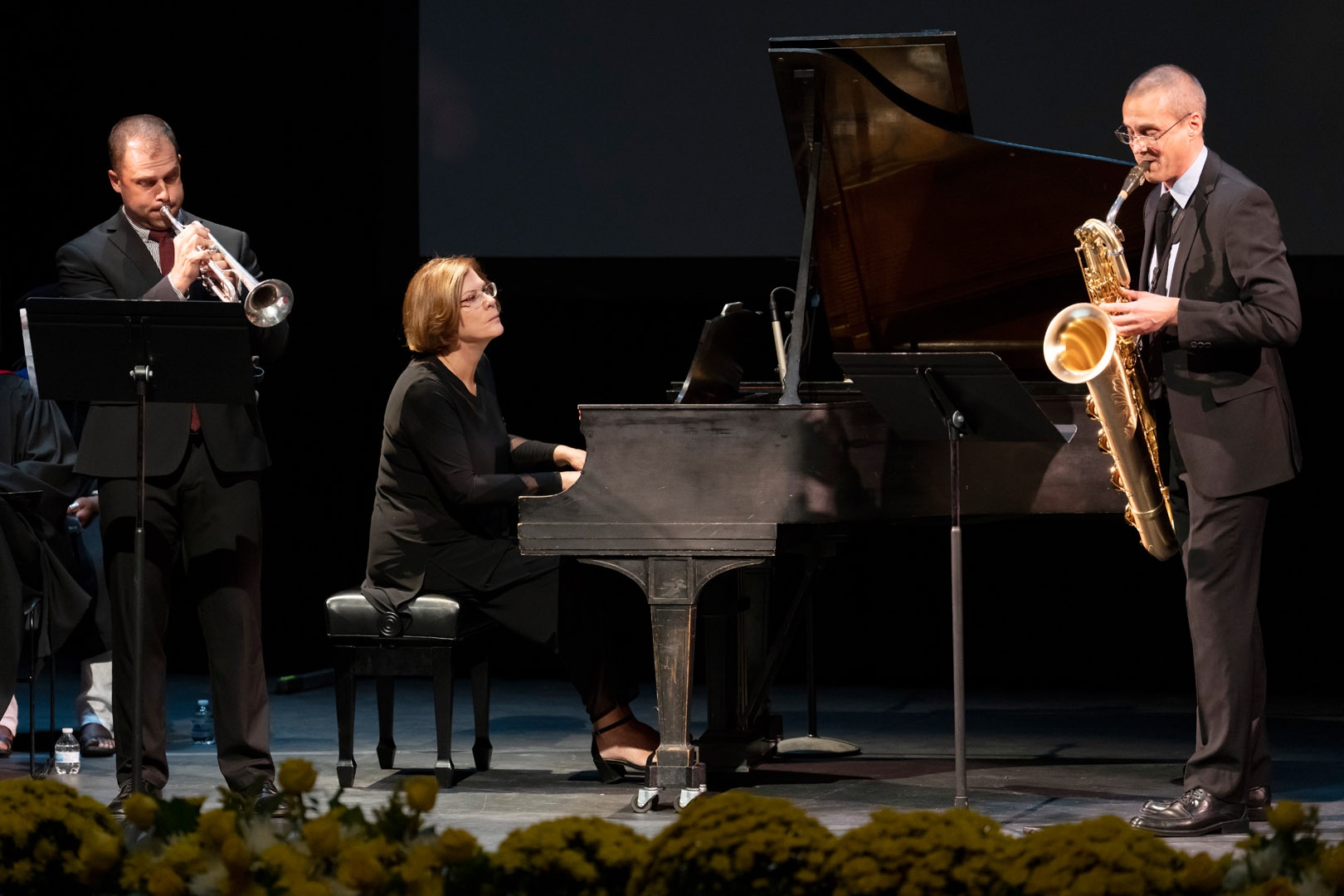 Inaugural Fanfare, "Jubilation" by Ofer Ben-Amots and performed by (left to right)  Benjamin Paille, Susan Grace, and Ricky Sweum, during the Inauguration of L. Song Richardson, the 14th President of Colorado College on Monday, 8/29/22. <span class="cc-gallery-credit">[Photo by Lonnie Timmons III]</span>