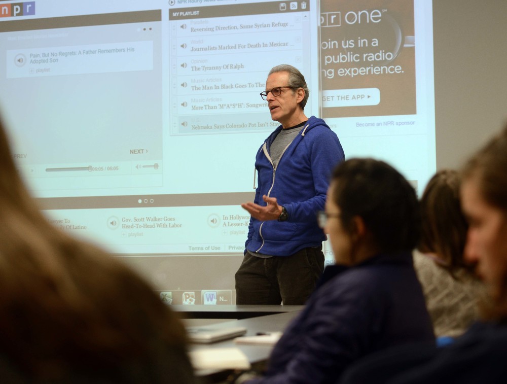 Peter Breslow, Senior Producer for NPR, teaches Radio Journalism in Packard Hall during Block 6.