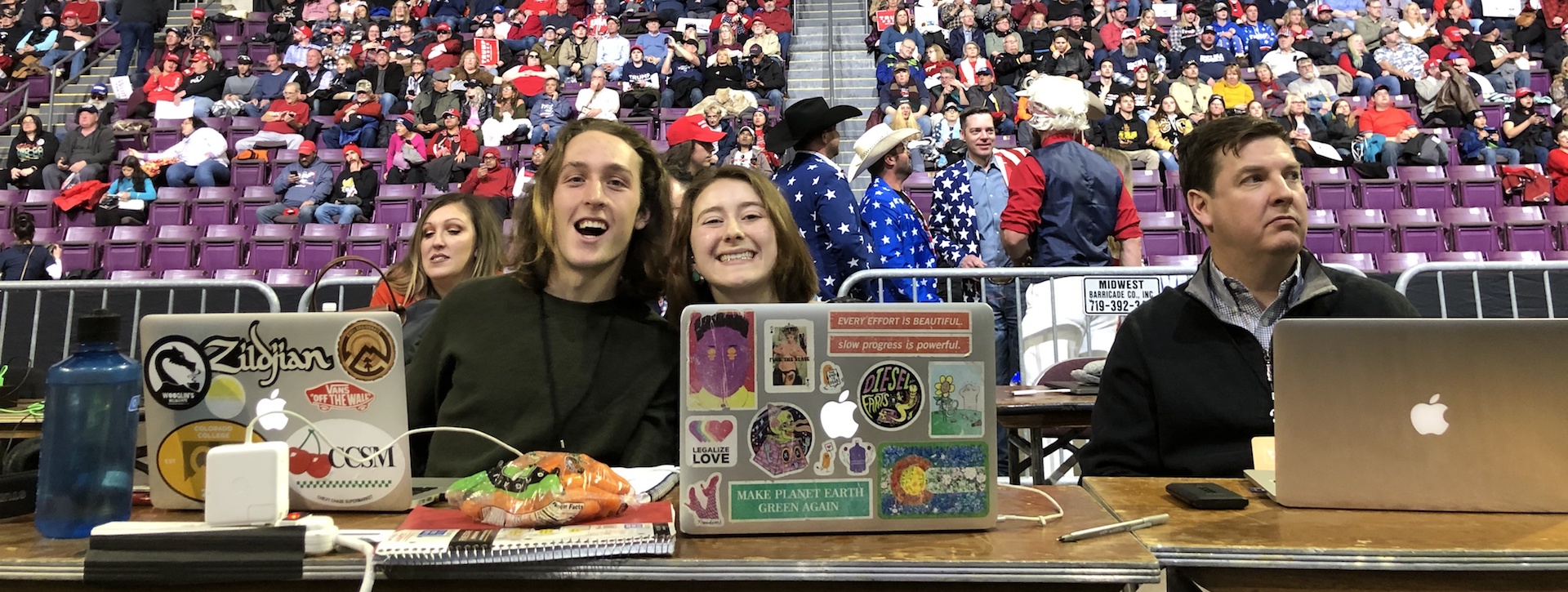 Student journalists Isabel Hicks '22 and Sam Seymour '22 cover a presidential rally in Colorado Springs in March 2020.