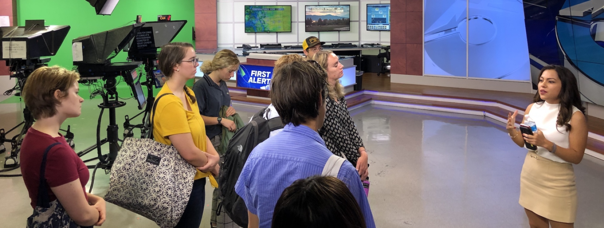 Students in Introduction to Journalism visit with bilingual multimedia journalist Jessica Barreto at KOAA-TV in the Springs.
