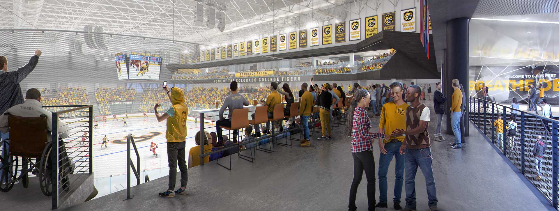 Concourse level of Ed Robson Arena; architectural rendering by JLG Architects