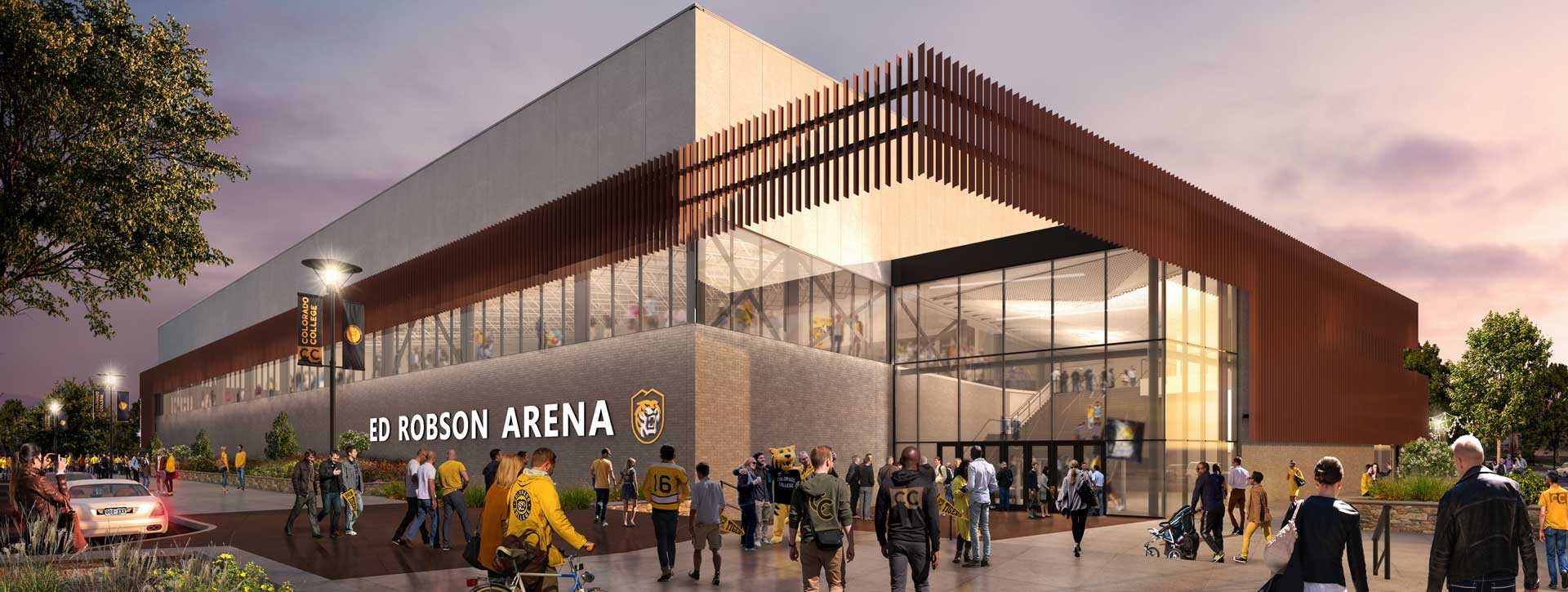 North side entry of Ed Robson Arena; architectural rendering by JLG Architects