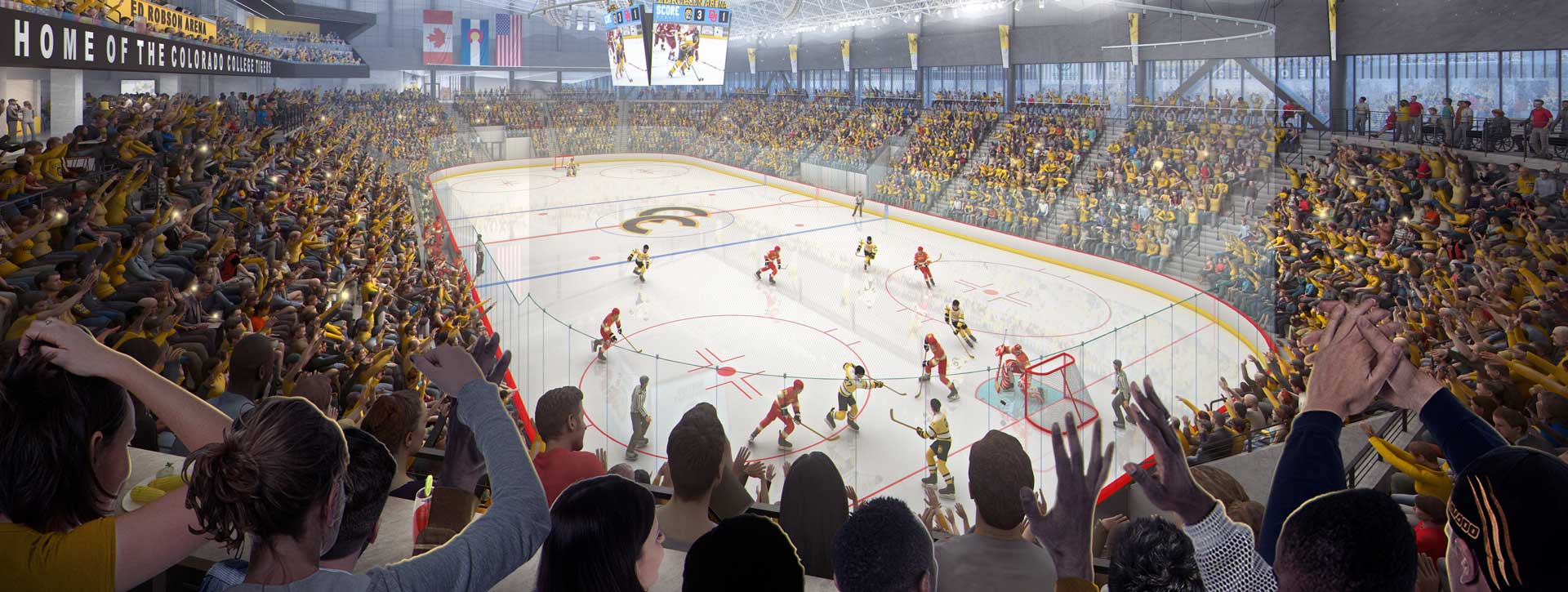 Ed Robson Arena south side; architectural rendering by JLG Architects