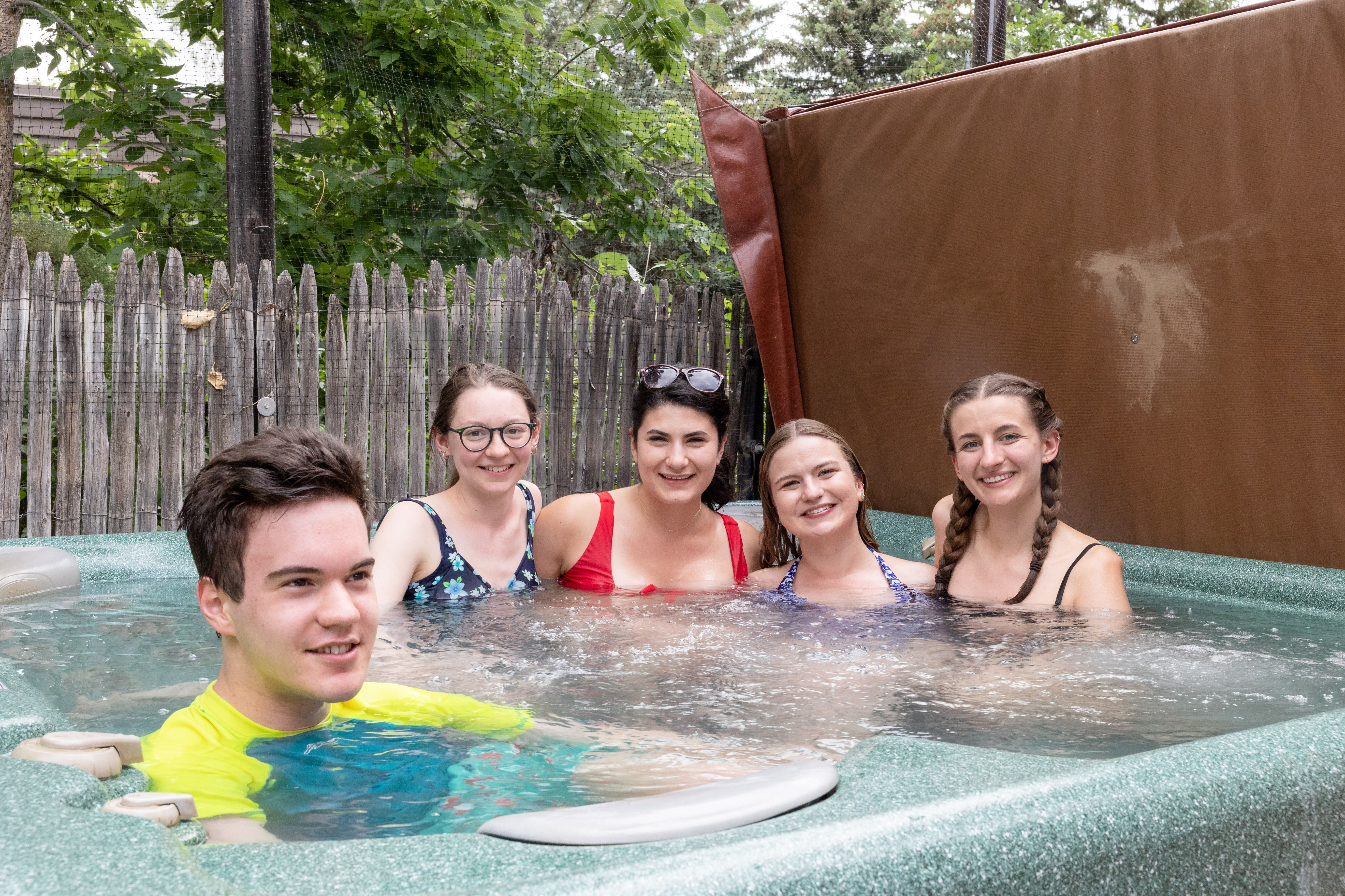 '22 Fellows [left to right] Dylan Hamme, Stephanie Fritz, Elena Varon, Susannah Greenslit, & Sophie Steger at the Pool Party <span class="cc-gallery-credit">[Chidera Ikpeamarom]</span>
