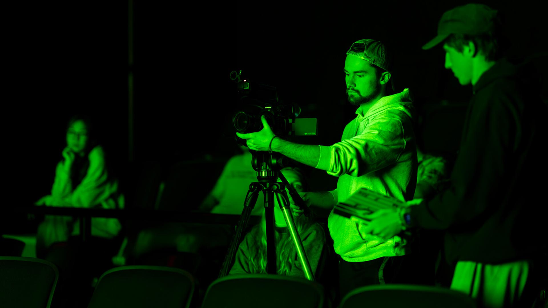 Zach Looney ’24 works on a class project in FM210: Topics in Filmmaking: Introduction to Animation, taught by Skye Mahaffie ’15.